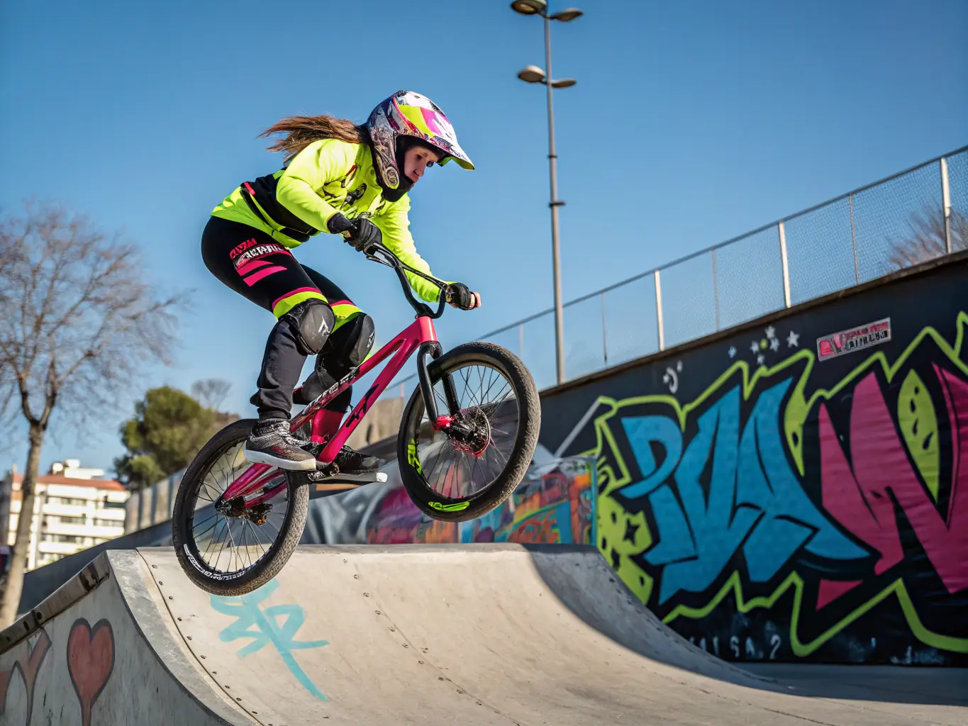 An action-packed image of a BMX rider performing tricks at a local skate park in Embrunais, capturing the excitement and skill involved in BMX cycling.