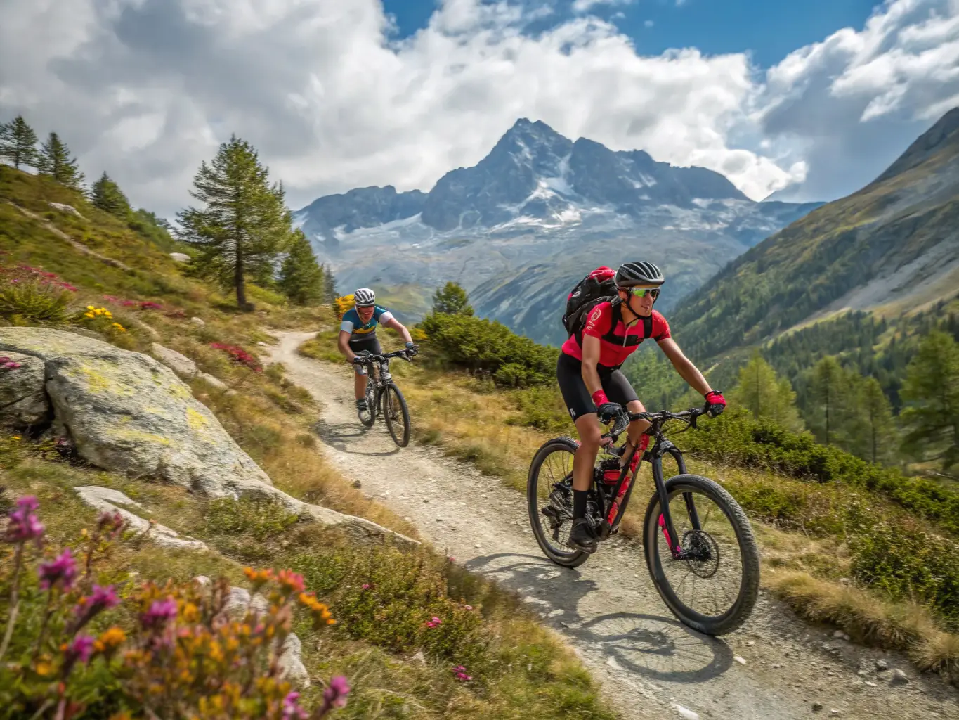 A dynamic shot of cyclists navigating a challenging mountain bike trail in the Embrunais region, showcasing the thrill and adventure of mountain biking.